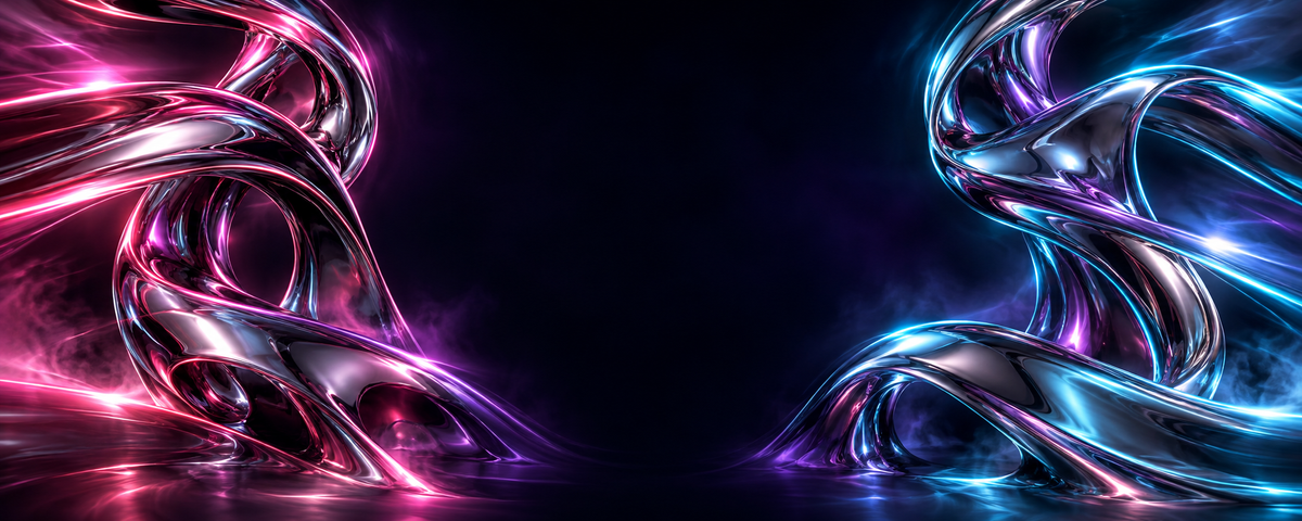 Pink and cyan light across a dark chrome studio backdrop